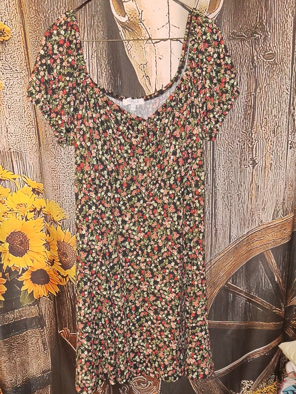 Black Floral Mini Dress with Red & Green Accents